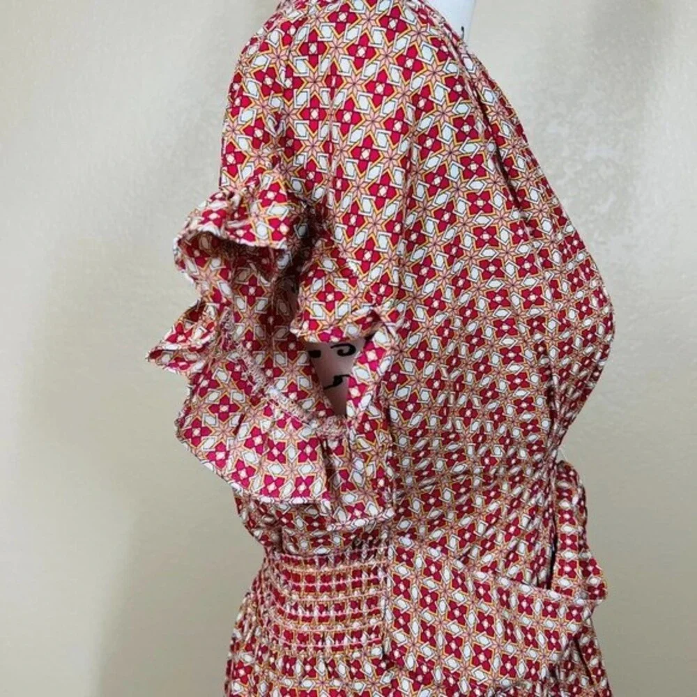 Max Studio red top  geometric flutter sleeve smock waist  front tie size XS boho